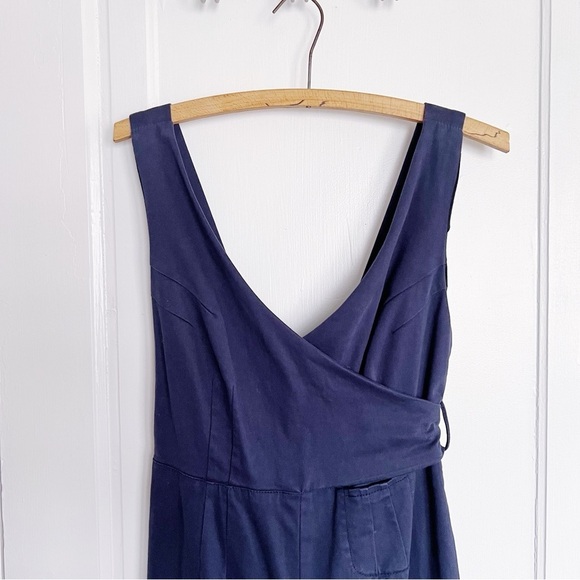 Anthropologie • Chino Jumpsuit navy blue wide leg wrap tie waist stretch twill - Picture 3 of 10